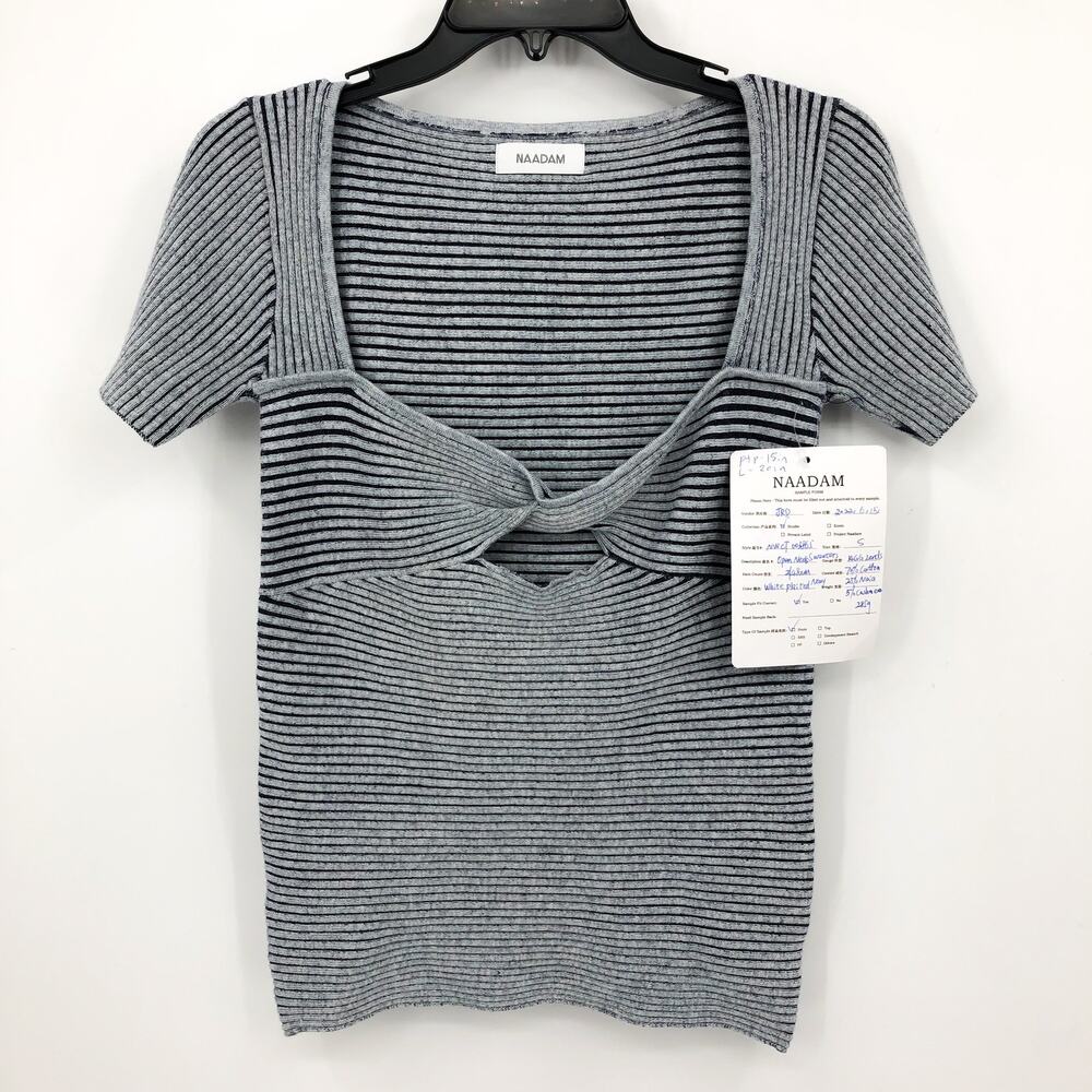 NAADAM Open Neck Cut-Out Sweater Small White Navy Pleated Knot Front NWT